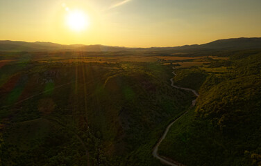 Landscape from the top of the mountains in Bulgaria near Serbia border, Dragoman area in Bulgaria, Europe. Beautiful view during during sunset or sunrise, last or first sun rays