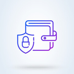 Wallet with money protected with shield sign line icon or logo. Online payment protection system concept. Secure bank transaction with password verification vector linear illustration.