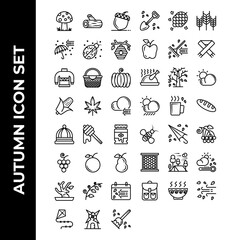 Autumn icon set include mushroom,lumber,chestnut,umbrella,bugs,beehive,sweater,basket,pumpkin,corn,autumn,cloud,beanie,honey,jar,grape,orange,pear,leaves,pine,grain,apple,fork,scarf,chicken,foliage