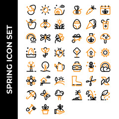 Spring icon set include egg,sun,snail,apple,bee,grass,rainbow,dragonfly,flowers,clover,bug,turbine,sunflower,farm,landscape,umbrella,butterfly,broccoli,fork,pot,hand,carrot,calendar,drink,wheelbarrow