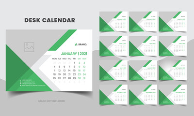 Desk Calendar 2021 Template, Editable 2021 Desk Calendar with green. Modern and Creative New year Calendar