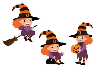 Cute little witch. Set. Vector illustration.