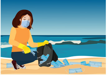 Young woman collects garbage in a garbage bag. Discarded to ocean coronavirus single-use face masks. Waste during COVID-19. Environmental pollution. Eco-friendly. Vector illustration.

