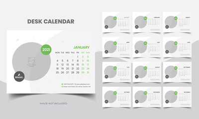Desk Calendar 2021 Template, Editable 2021 Desk Calendar with green. Modern and Creative New year Calendar