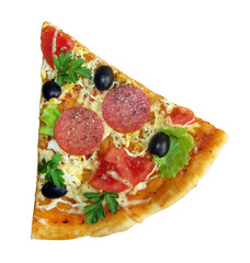 There is a slice of pizza. White background. Isolated.