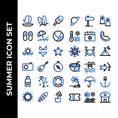 summer icon set include sailing,surfer,ice cream,slippers,sunbed,ball,beach,bikini,starfish,camera,guitar,compass,bag,juice,lifebuoy,surfboard,beachwear,flippers,calendar,watermelon,sail,crab,tent