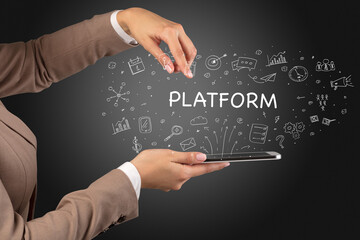 Close-up of a touchscreen with PLATFORM inscription, social media concept