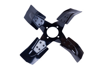 Russian car cooling fan with metal blades on a white background.
