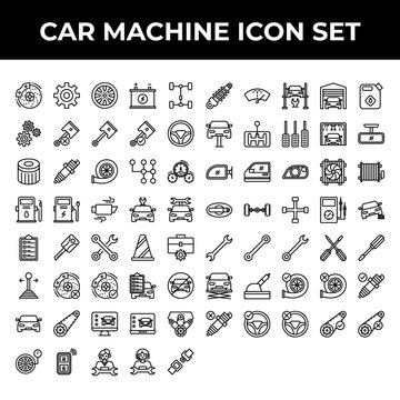 Car Machine Icon Set Include Brake, Gear, Wheel, Battery, Repair, Part, Piston, Steering, Filter, Spark, Turbo, Transmission, Speedometer, Fuel, Charge, Exhaust, Car, Key, Toolkit, Cone, Stick