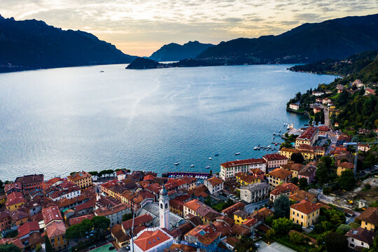 Aerial view, Menaggio in the morning, Lake Como, Province of Como, Lombardy, Italy