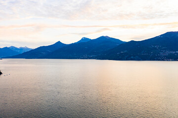 Fototapeta na wymiar Aerial view, Menaggio in the morning, Lake Como, Province of Como, Lombardy, Italy