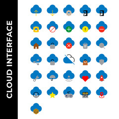 cloud interface icon set include upload, user interface, computing, internet of thing, download, setting, gear, sign in, door, sign out, life buoy, help, block, add, plus, warning, sign