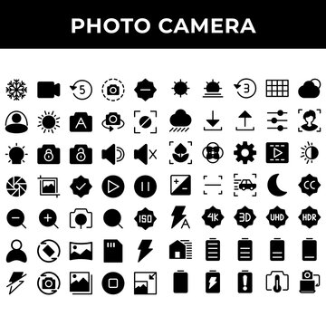 photo camera icon set include mode, video, timer, screen shot, camera, sun, photo, light bulb, padlock, speaker, shutter, crop, accept, play, pause, search,user, rotate, panorama