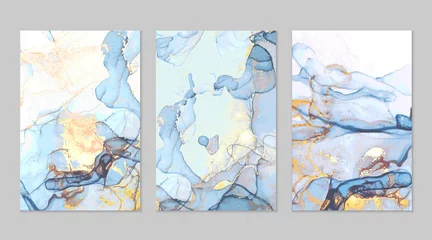 Abstrakte Hintergründe aus blauem und goldenem Marmor in Alkoholtintentechnik. Set von Vektorsteintexturen. Moderne Farbe in natürlichen Farben mit Glitzer. Vorlage für Banner, Posterdesign. Flüssige Kunstmalerei © Kusandra