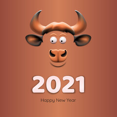 Banner - Chinese Happy new year 2021. Template image with bull face isolated on brown background. Lunar horoscope sign bull. 