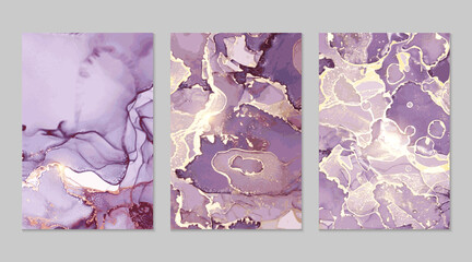 Violet and gold marble abstract backgrounds in alcohol ink technique. Set of vector stone textures. Modern paint with glitter. Template for banner, poster design. Fluid art painting