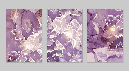 Luxury purple and gold marble abstract backgrounds in alcohol ink technique. Set of vector stone textures. Modern paint with glitter. Template for banner, poster design. Fluid art painting