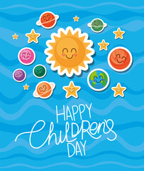 Happy childrens day with space cartoons icons vector design