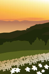 Background with green hills and sea