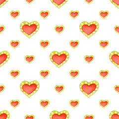 Red romantic seamless pattern with heart. Hand painted watercolor stock illustration. Perfect for birthday, valentine, wedding invitations cards.