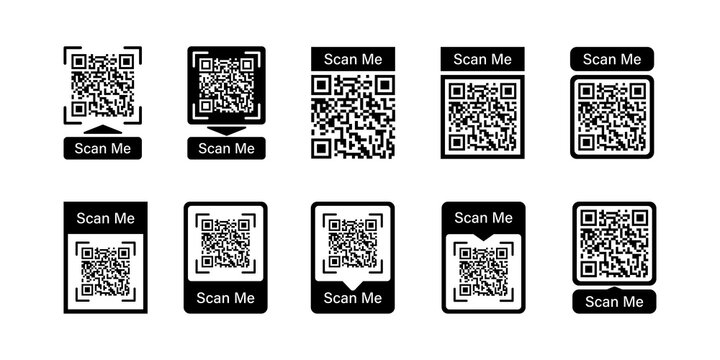 Qr code frame vector set. Scan me phone tag.  Barcode smartphone id icon. Cellphone qrcode banner. Mobile payment and identity white background.