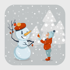 A kid offers yummy ice cream to a snowman. The little child is grinning like a Cheshire cat being glad to make happy big snowman. It is snowy outside and the world looks magical.