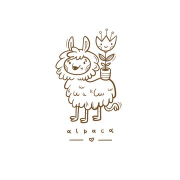 Card with cute cartoon alpaca and flower in  pot. Doodle Funny animal. Cheerful fluffy pet. Vector contour image no fill.