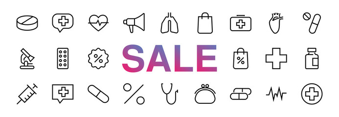 A simple set of medicine ICONS, contains medicine icons, pills, related vector line icons. thin lines, pain, syringe, lungs, microscope, cardiogram, virus and much more. Editable stroke. black friday
