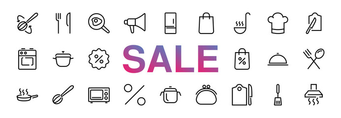 Set of cooking and kitchen icons, Vector lines, contains icons such as frying pan, frying, microwave, fork with spoon, Editable stroke, perfect 480x480 pixels, white background. black friday