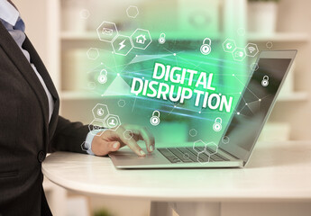 DIGITAL DISRUPTION inscription on laptop, internet security and data protection concept, blockchain and cybersecurity