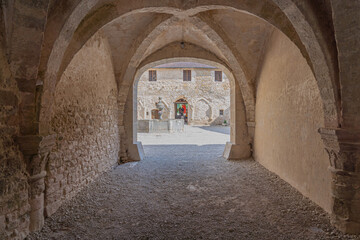 Fototapeta na wymiar Baume-Les-Messieurs, France - 09 01 2020: View of the monastery of Baume