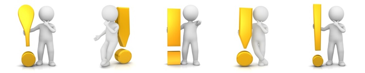 Exclamation point exclamation mark golden warning advice sign symbol icon white stick figure man 3d rendering