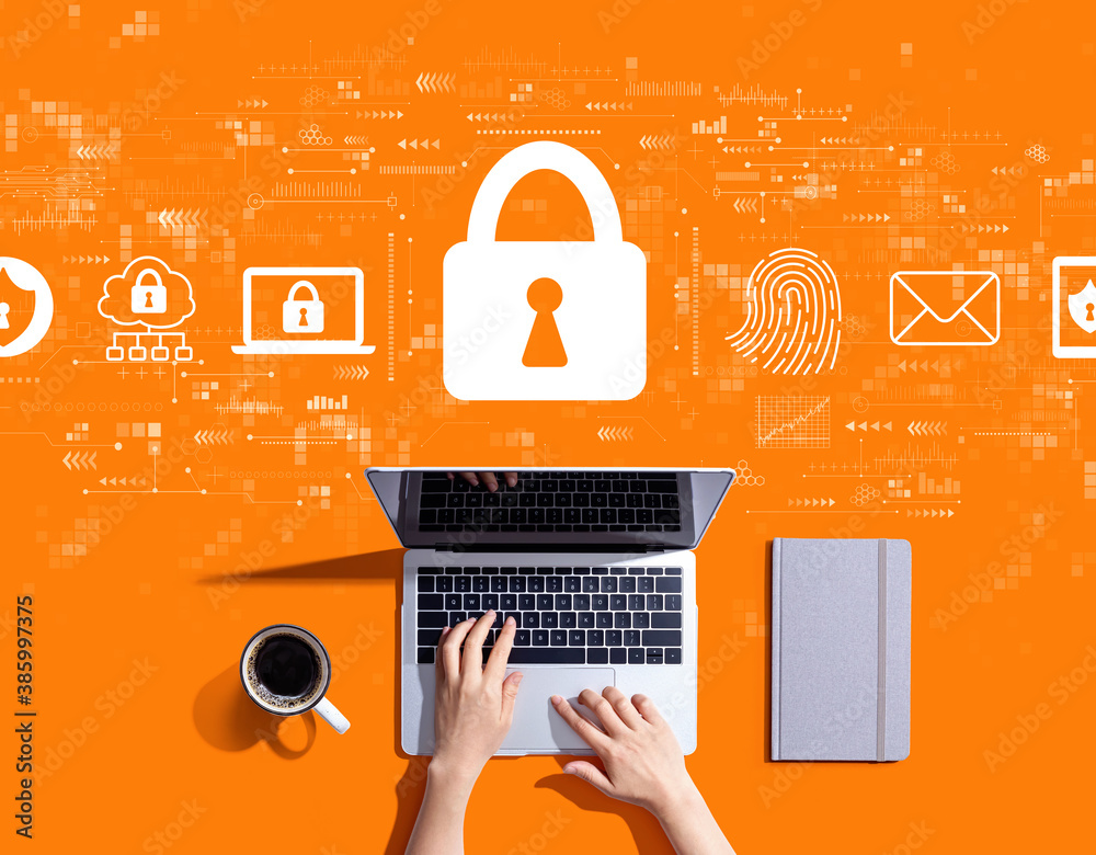 Poster internet network security concept with person using a laptop computer