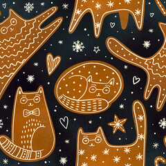 Seamless pattern with cute gingerbread cat cookies. Winter holidays background.