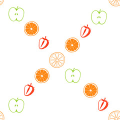 Seamles pattern illustration with set of fruit halves. Slices of apple, lemon, orange, grapefruit, strawberry fruit isolated on white background - 385998348