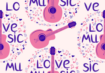 hand-drawn musical seamless pattern with the inscription Love music and country guitar, stars, notes, symbols, objects and elements.