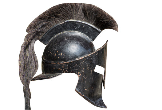 Warrior helmet isolated on white background. Old spartan helmet. Side view.