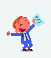 euphoric cartoon character of businessman raises his arms with document in hand