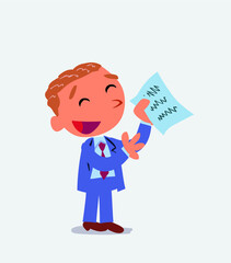 happy cartoon character of businessman explaining something with document in hand