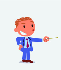 happy cartoon character of businessman points with pointer to the side