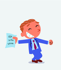 happy cartoon character of businessman rejoices with document in hand.