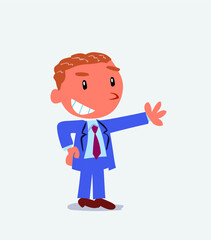 Pleased cartoon character of businessman points to something