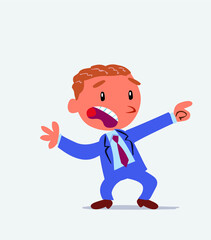 Scared cartoon character of businessman points to the side