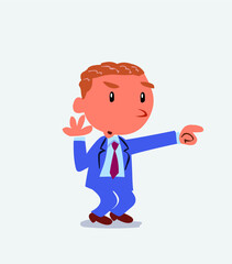 Surprised cartoon character of businessman points to something