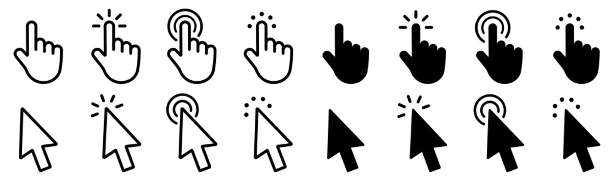 Mouse click cursor set. Hand Cursor. Click icon. Mouse pointer set. Arrow cursor. Vector illustration