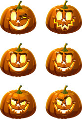 a set of horrible pumpkins for Halloween. Smiling plant monsters with glowing eyes and mouths. Vector image on a white background, isolated. Cartoonish.