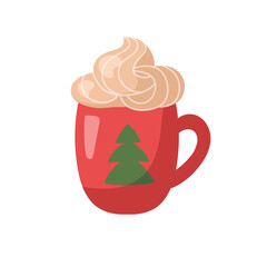 New Year's drink. Hand-drawn cup of coffee or chocolate with whipped cream. Cartoon vector Christmas  illustration.