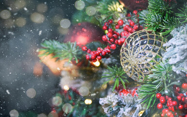 Merry Christmas and Happy New Year, Holidays greeting card with blurred bokeh background