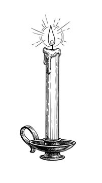 Ink sketch of burning candle in a candlestick.
