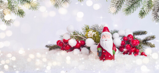 Merry Christmas and Happy New Year, Holidays greeting card with blurred bokeh background